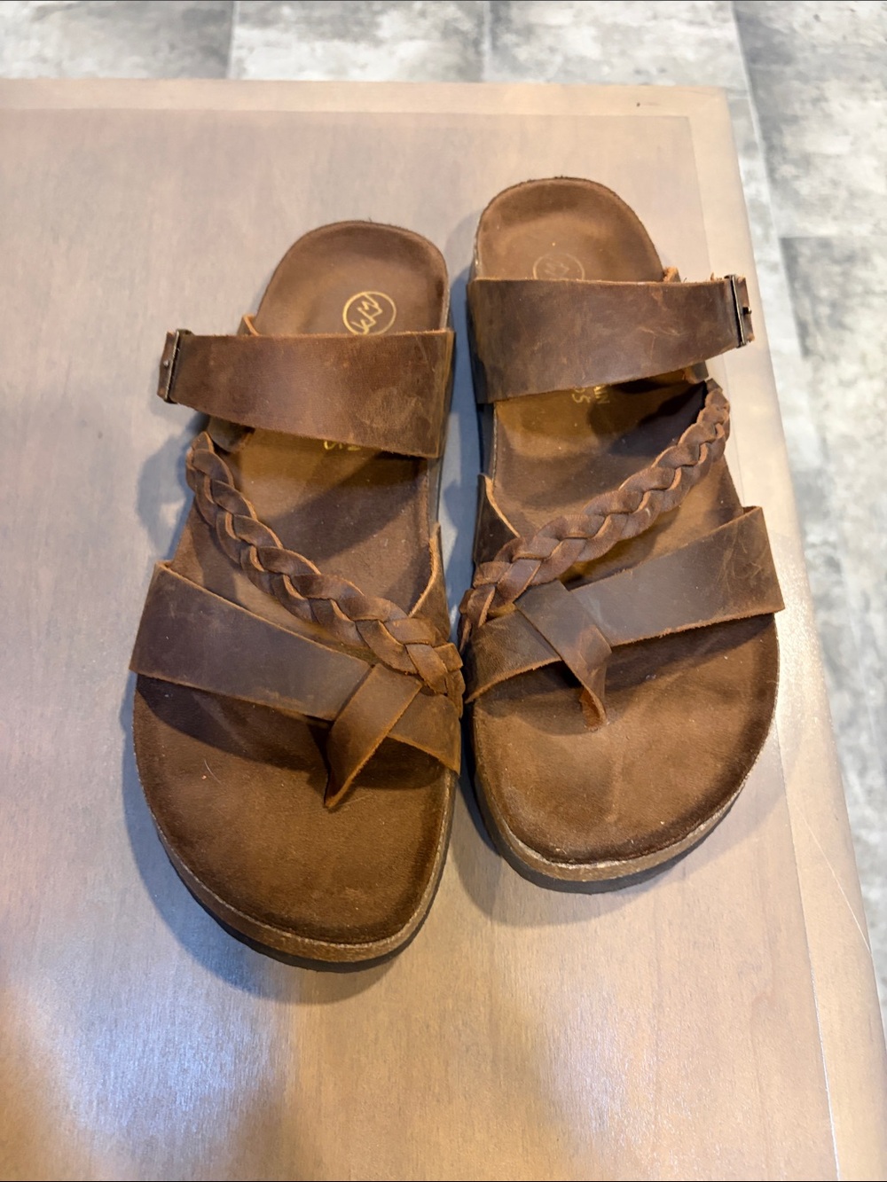 Women Brown Leather Braided Slide Sandals